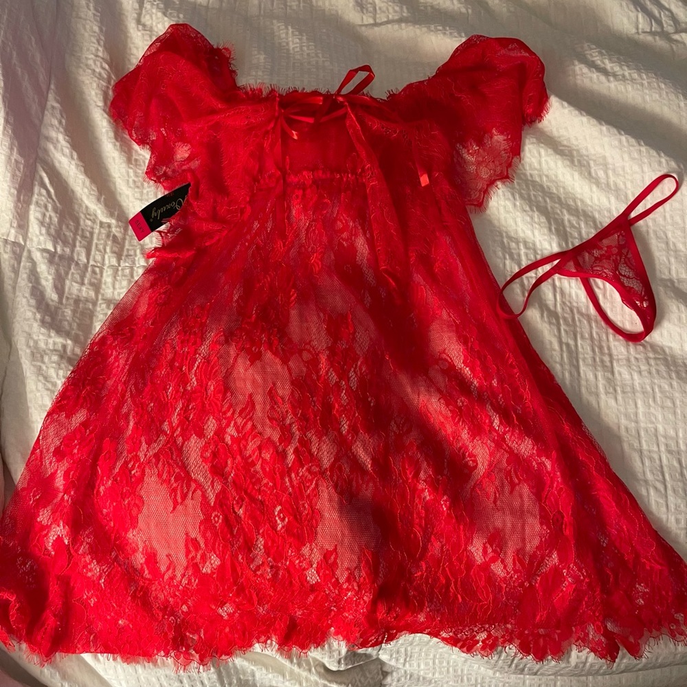 NWT, Red sheer lace lingerie, babydoll dress and Gstring